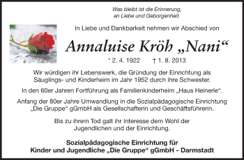Traueranzeige von Annaluise Kröh von Echo-Zeitungen (Gesamtausgabe)