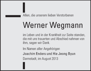 Traueranzeige von Werner Wegmann von Echo-Zeitungen (Gesamtausgabe)