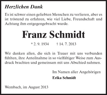 Traueranzeige von Franz Schmidt von Echo-Zeitungen (Gesamtausgabe)