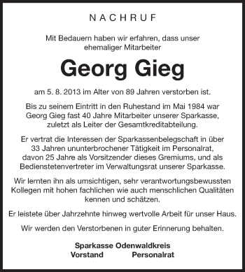 Traueranzeige von Georg Gieg von Odenwälder Echo