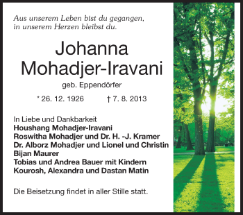 Traueranzeige von Johanna Mohadjer-Iravani von Echo-Zeitungen (Gesamtausgabe)