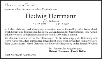 Traueranzeige von Hedwig Herrmann von Rüsselsheimer Echo, Groß-Gerauer-Echo, Ried Echo
