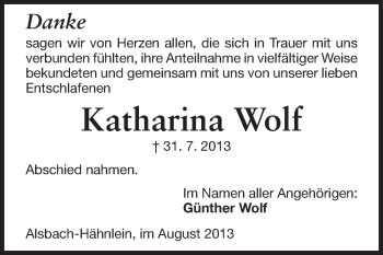 Traueranzeige von Katharina Wolf von Echo-Zeitungen (Gesamtausgabe)