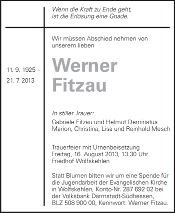 Traueranzeige von Werner Fitzau von Rüsselsheimer Echo, Groß-Gerauer-Echo, Ried Echo