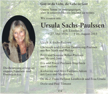 Traueranzeige von Ursula Sachs-Paulssen von Echo-Zeitungen (Gesamtausgabe)