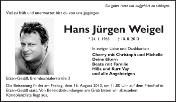 Traueranzeige von Hans Jürgen Weigel von Odenwälder Echo