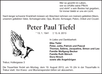 Traueranzeige von Peter Paul Tiefel von Rüsselsheimer Echo, Groß-Gerauer-Echo, Ried Echo
