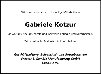 Traueranzeige von Gabriele Kotzur von Rüsselsheimer Echo, Groß-Gerauer-Echo, Ried Echo