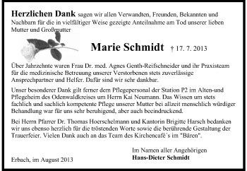 Traueranzeige von Marie Schmidt von Odenwälder Echo