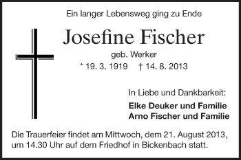 Traueranzeige von Josefine Fischer von Darmstädter Echo, Odenwälder Echo, Rüsselsheimer Echo, Groß-Gerauer-Echo, Ried Echo