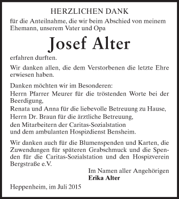 Traueranzeige von Josef Alter von Starkenburger Echo