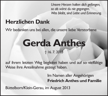 Traueranzeige von Gerda Anthes von Rüsselsheimer Echo, Groß-Gerauer-Echo, Ried Echo