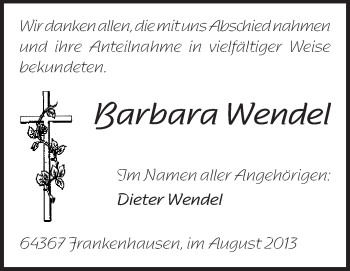 Traueranzeige von Barbara Wendel von Darmstädter Echo, Odenwälder Echo, Rüsselsheimer Echo, Groß-Gerauer-Echo, Ried Echo