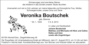 Traueranzeige von Veronika Boutschek von Odenwälder Echo