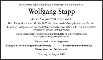 Traueranzeige von Wolfgang Stapp von Odenwälder Echo