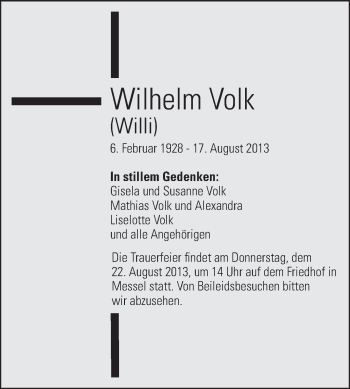 Traueranzeige von Wilhelm Volk von Echo-Zeitungen (Gesamtausgabe)