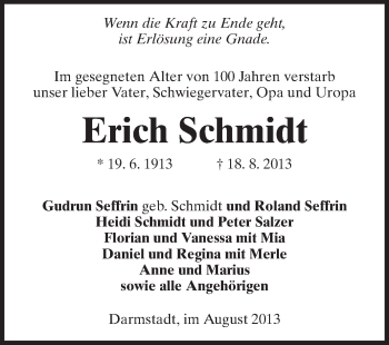 Traueranzeige von Erich Schmidt von Darmstädter Echo, Odenwälder Echo, Rüsselsheimer Echo, Groß-Gerauer-Echo, Ried Echo