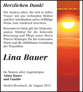 Traueranzeige von Lina Bauer von Echo-Zeitungen (Gesamtausgabe)