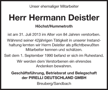 Traueranzeige von Hermann Deistler von Odenwälder Echo