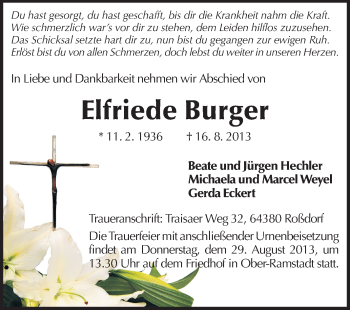 Traueranzeige von Elfriede Burger von Echo-Zeitungen (Gesamtausgabe)