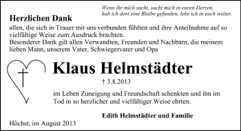 Traueranzeige von Klaus Helmstädter von Odenwälder Echo