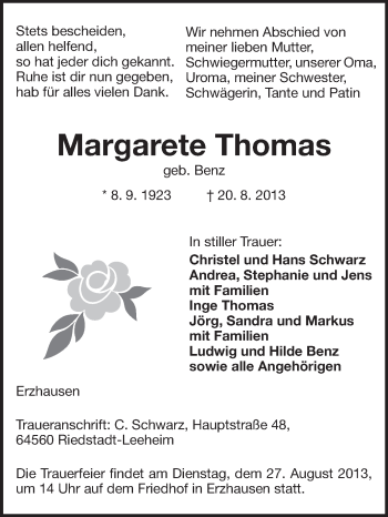 Traueranzeige von Margarete Thomas von Echo-Zeitungen (Gesamtausgabe)