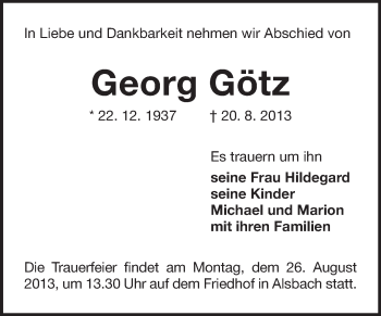 Traueranzeige von Georg Götz von Echo-Zeitungen (Gesamtausgabe)