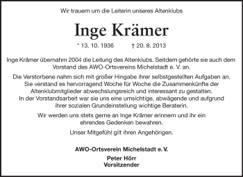 Traueranzeige von Inge Krämer von Odenwälder Echo