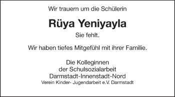 Traueranzeige von Rüya Yeniyayla von Echo-Zeitungen (Gesamtausgabe)