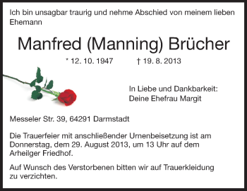 Traueranzeige von Manfred Brücher von Darmstädter Echo, Odenwälder Echo, Rüsselsheimer Echo, Groß-Gerauer-Echo, Ried Echo