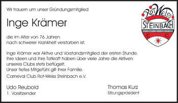 Traueranzeige von Inge Krämer von Odenwälder Echo