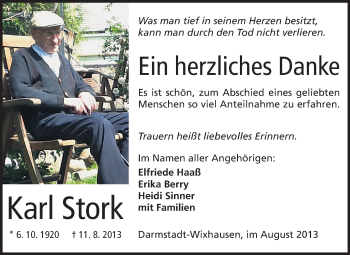 Traueranzeige von Karl Stork von Echo-Zeitungen (Gesamtausgabe)