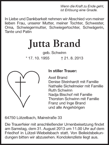 Traueranzeige von Jutta Brand von Odenwälder Echo