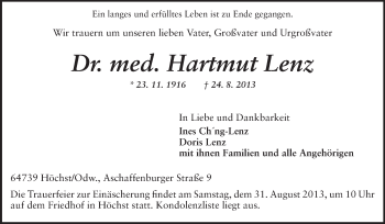 Traueranzeige von Hartmut Lenz von Odenwälder Echo