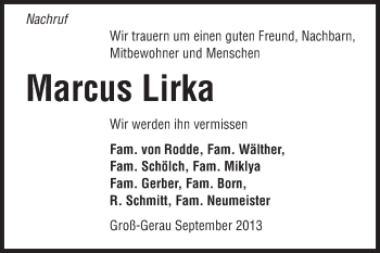 Traueranzeige von Marcus Lirka von Rüsselsheimer Echo, Groß-Gerauer-Echo, Ried Echo