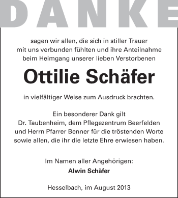 Traueranzeige von Ottilie Schäfer von Odenwälder Echo