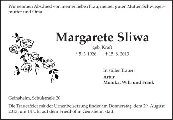 Traueranzeige von Margarete Sliwa von Rüsselsheimer Echo, Groß-Gerauer-Echo, Ried Echo