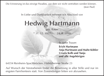 Traueranzeige von Hedwig Hartmann von Echo-Zeitungen (Gesamtausgabe)