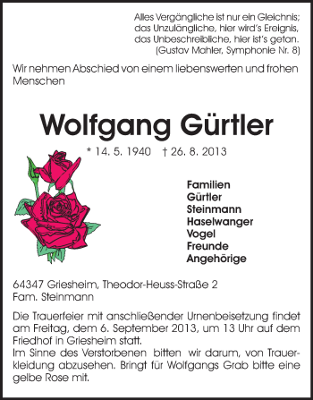 Traueranzeige von Wolfgang Gürtler von Darmstädter Echo, Odenwälder Echo, Rüsselsheimer Echo, Groß-Gerauer-Echo, Ried Echo