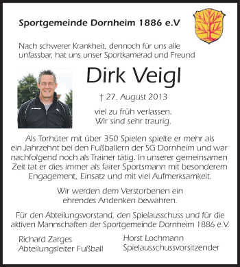 Traueranzeige von Dirk Veigl von Rüsselsheimer Echo, Groß-Gerauer-Echo, Ried Echo