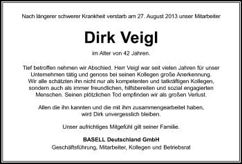 Traueranzeige von Dirk Veigl von Echo-Zeitungen (Gesamtausgabe)