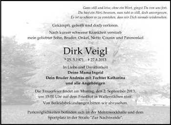 Traueranzeige von Dirk Veigl von Rüsselsheimer Echo, Groß-Gerauer-Echo, Ried Echo