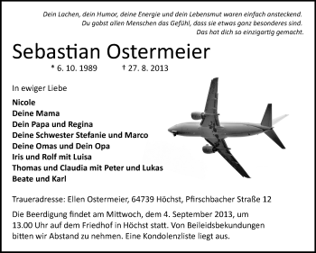 Traueranzeige von Sebastian Ostermeier von Odenwälder Echo