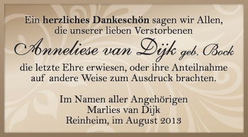 Traueranzeige von Anneliese van Dijk von Echo-Zeitungen (Gesamtausgabe)