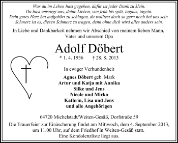 Traueranzeige von Adolf Döbert von Odenwälder Echo