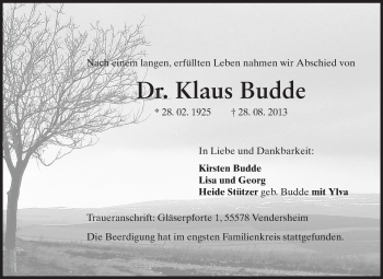 Traueranzeige von Klaus Budde von Rüsselsheimer Echo, Groß-Gerauer-Echo, Ried Echo