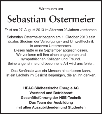 Traueranzeige von Sebastian Ostermeier von Echo-Zeitungen (Gesamtausgabe)