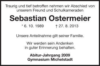 Traueranzeige von Sebastian Ostermeier von Odenwälder Echo