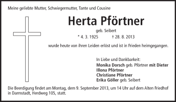 Traueranzeige von Herta Pförtner von Darmstädter Echo, Odenwälder Echo, Rüsselsheimer Echo, Groß-Gerauer-Echo, Ried Echo