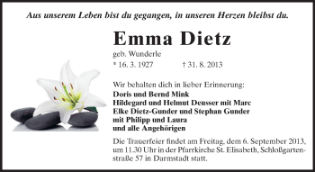 Traueranzeige von Emma Dietz von Darmstädter Echo, Odenwälder Echo, Rüsselsheimer Echo, Groß-Gerauer-Echo, Ried Echo